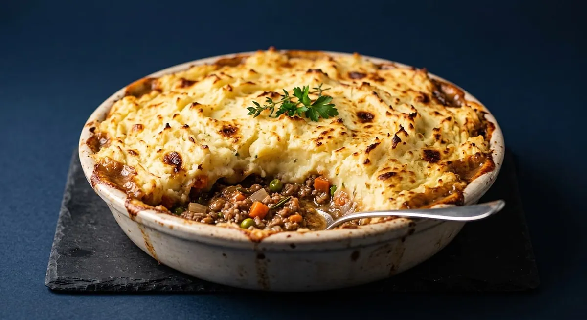 Shepherd's pie gratiné dans un plat, purée dorée sur hachis d'agneau